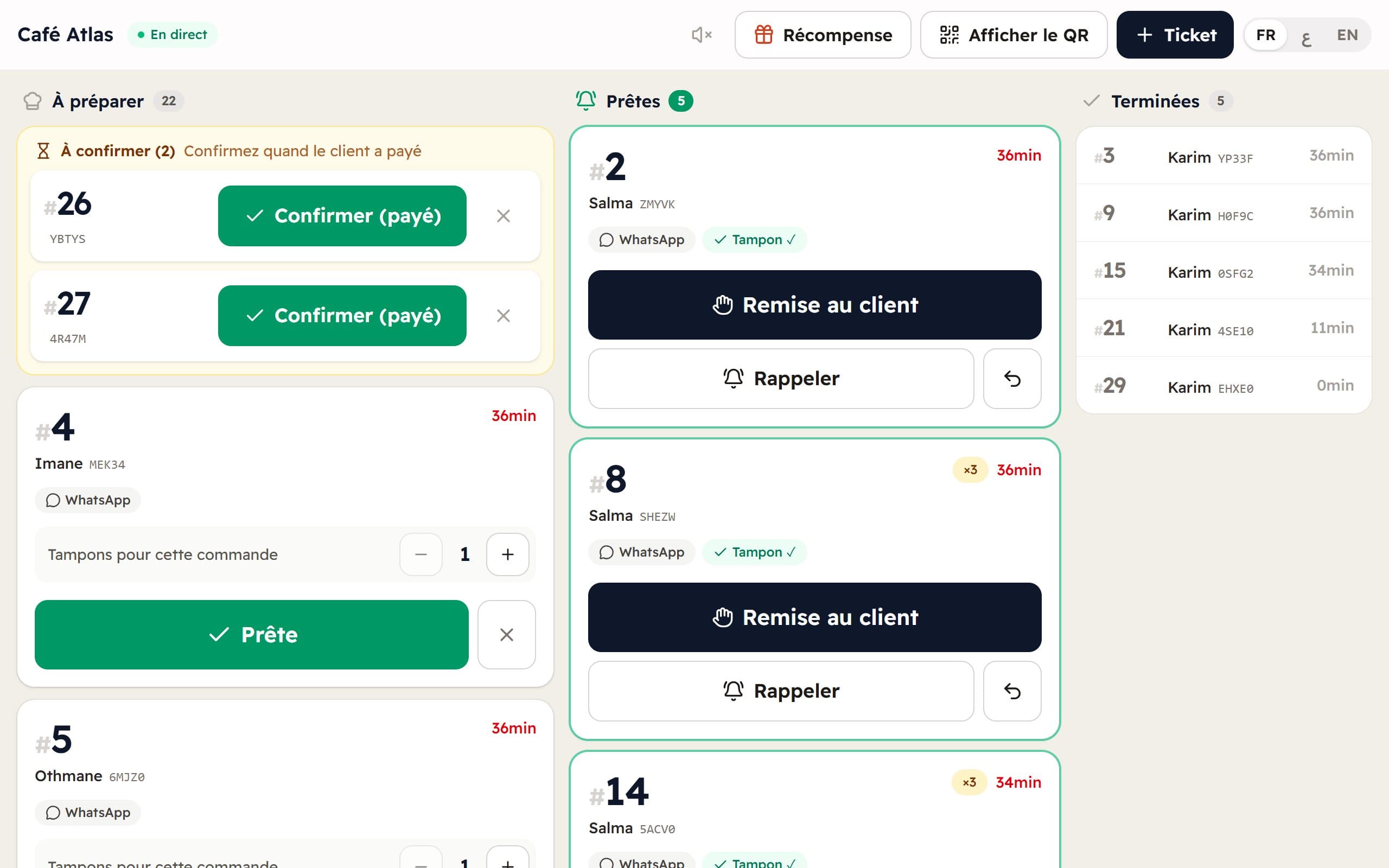Écran caisse avec les commandes à préparer, prêtes et remises