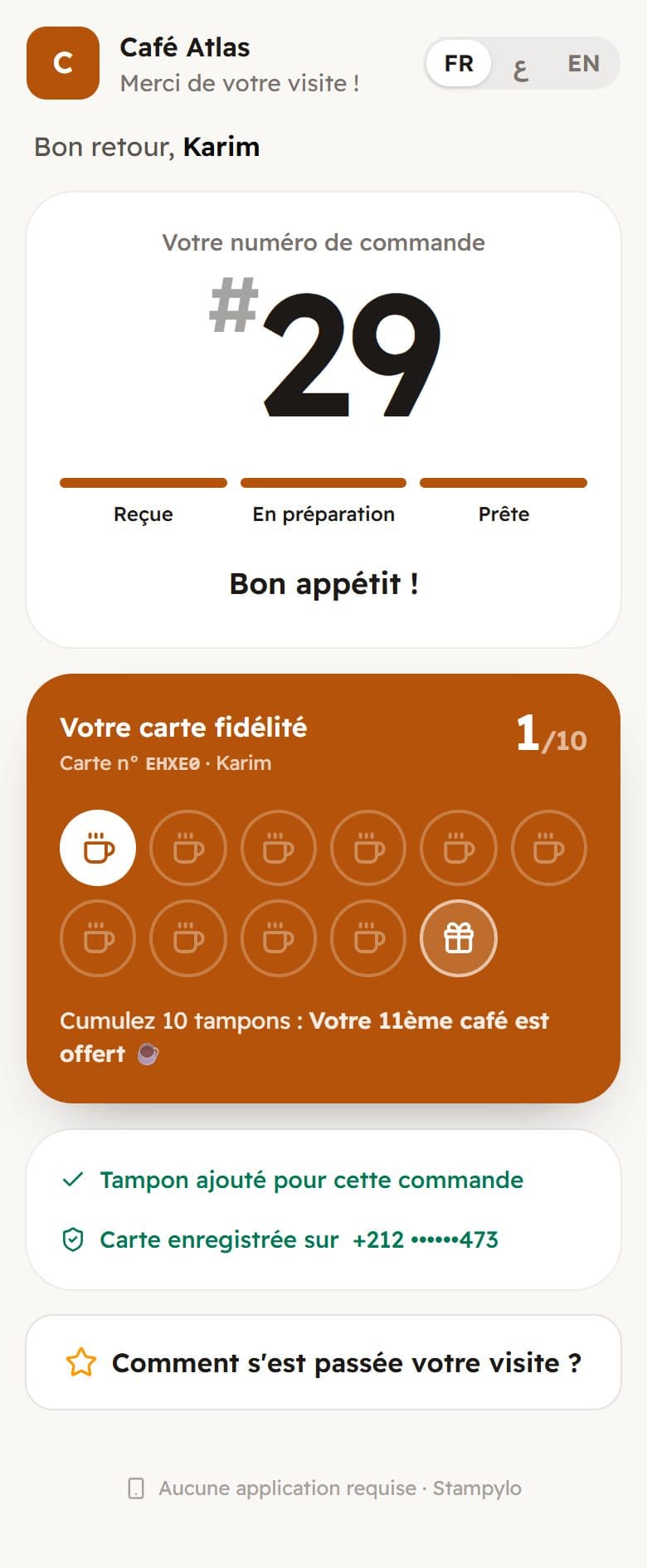 Carte de fidélité d'un client avec un tampon